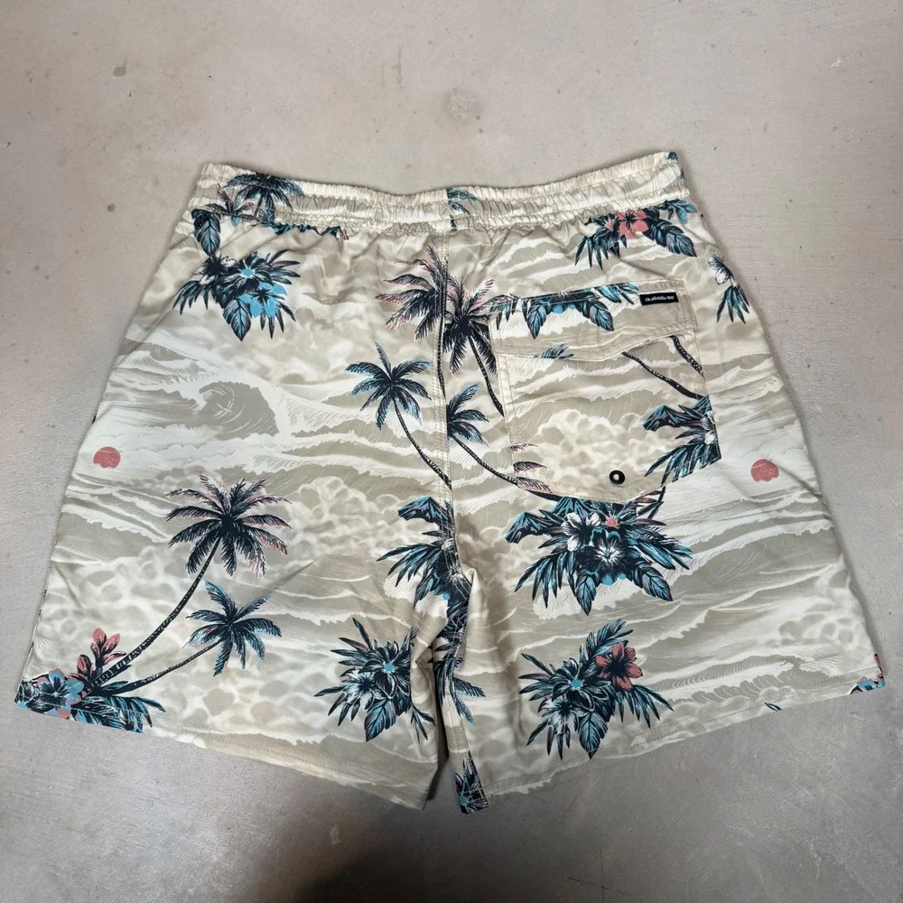 Quiksilver Mens Tropical Palm Tree Print Swim Trunks Beige Blue Size M RN169009